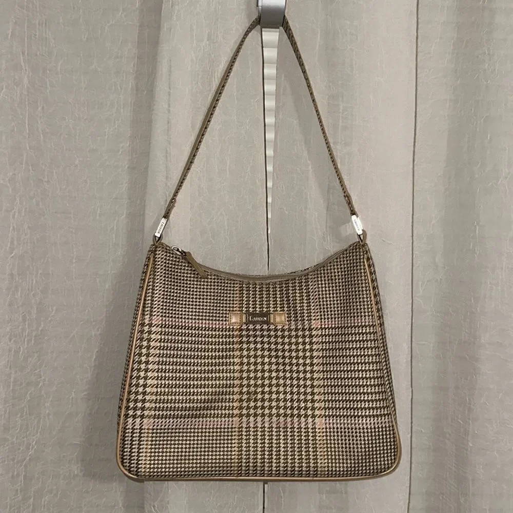 LRL Ivory Tan White Pink Gold Houndstooth Leather Silver Tone Hardware Hobo Bag